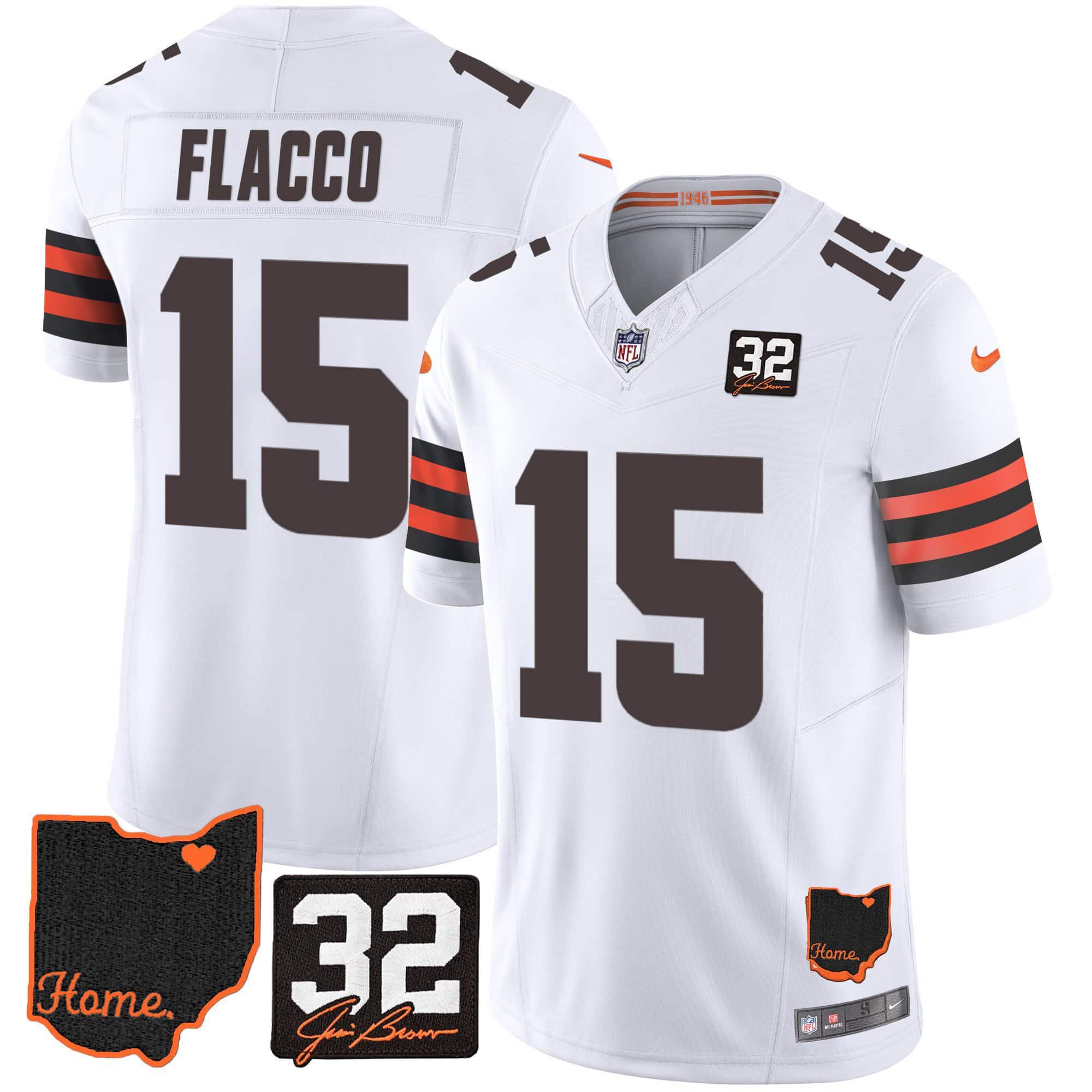 Men Cleveland Browns 15 Flacco White Memorial Home Patch 2024 Nike NFL Jersey